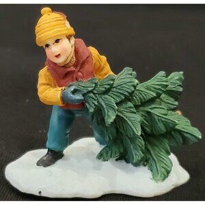 Santa's Workbench BOY CARRYING PINE TREE Christmas Village figure OWell 1.5"h